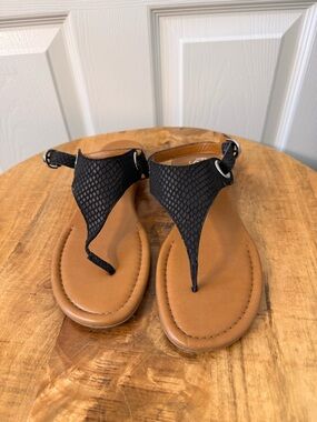 Franco Sarto Black T-Strap Sandals with Brown Footbed